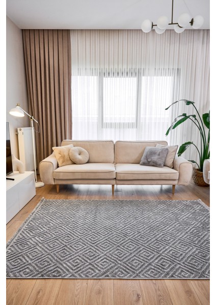 Gri Geometrik Etnik Modern Desenli Hav Vermeyen Leke Tutmayan Kolay Temizlenen Yumuşak Makine Salon Yolluk Mutfak Halı