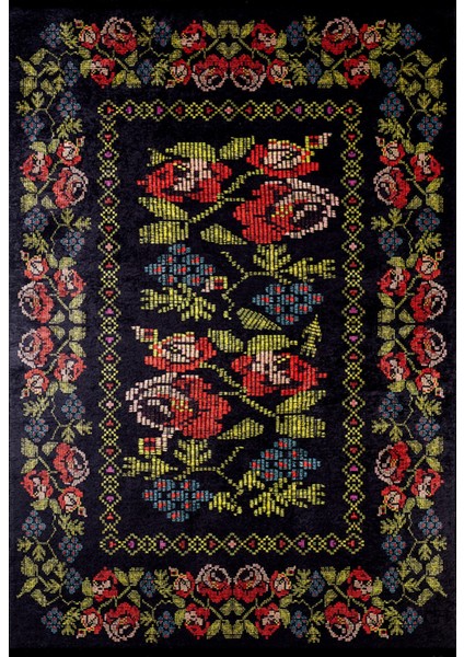 Tobolsk Siyah Çiçekli Etnik Modern Desenli Makinada Yıkanabilir Hav Toz Vermez Leke Tutmayan Kaymaz Taban Dijital Makine Baskı Salon Yolluk Mutfak Halı