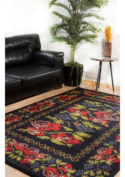 Tobolsk Siyah Çiçekli Etnik Modern Desenli Makinada Yıkanabilir Hav Toz Vermez Leke Tutmayan Kaymaz Taban Dijital Makine Baskı Salon Yolluk Mutfak Halı modelleri