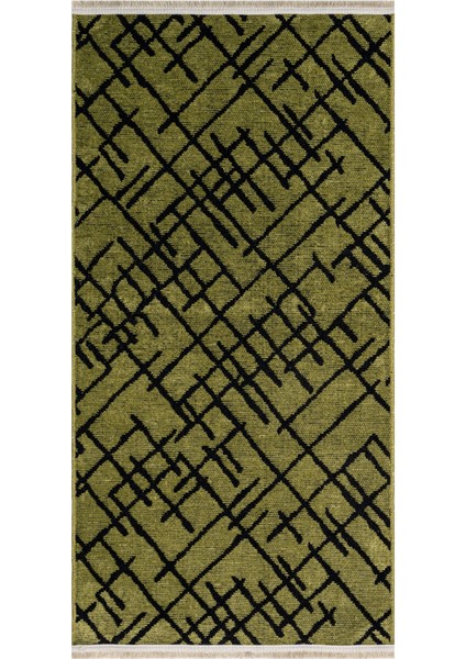 Harmony Yeşil Geometrik Etnik Modern Desenli Pamuk Hav Vermeyen Leke Tutmayan Kolay Temizlenen Yumuşak Makine Salon Yolluk Mutfak Halı
