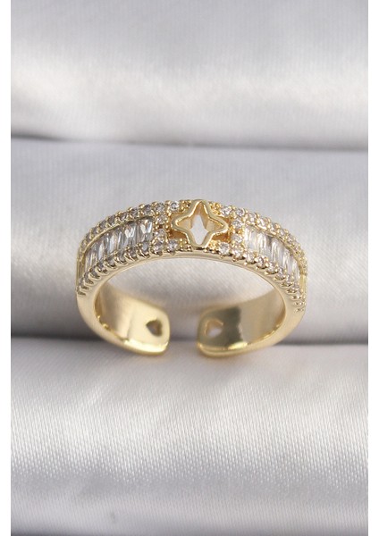 Pirinç Gold Renk Zirkon Taşlı Yıldız İşleme VIP Seri Kadın Yüzük