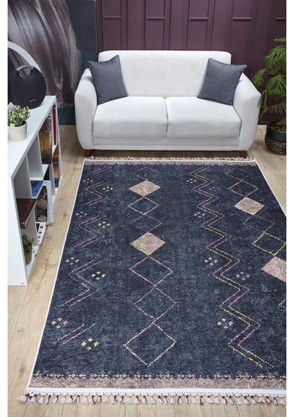 Toszek Lacivert Modern Etnik Desenli Makinada Yıkanabilir Hav Toz Vermez Leke Tutmayan Kaymaz Taban Dijital Makine Baskı Salon Yolluk Mutfak Halı modelleri