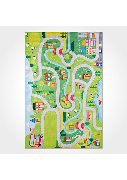 Oaklynn Çocuk Yeşil Polyester Dikdörtgen Modern Desenli Pamuk Makinada Yıkanabilir Hav Toz Vermez Leke Tutmayan Kaymaz Taban Dijital Makine Baskı Salon Yolluk Mutfak Halı