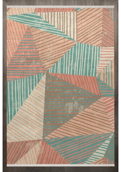 Geometrik Yeşil Pamuk Kare Modern Desenli Pamuk Makinada Yıkanabilir Hav Toz Vermez Leke Tutmayan Kaymaz Taban Dijital Makine Baskı Salon Yolluk Mutfak Halı