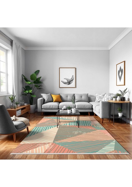 Geometrik Yeşil Pamuk Kare Modern Desenli Pamuk Makinada Yıkanabilir Hav Toz Vermez Leke Tutmayan Kaymaz Taban Dijital Makine Baskı Salon Yolluk Mutfak Halı modelleri