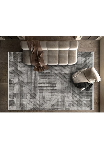 Geometrik Gri Pamuk Dikdörtgen Modern Desenli Pamuk Makinada Yıkanabilir Hav Toz Vermez Leke Tutmayan Kaymaz Taban Dijital Makine Baskı Salon Yolluk Mutfak Halı