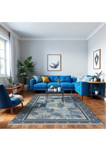 Çerçeveli Mavi Pamuk Dikdörtgen Modern Desenli Pamuk Makinada Yıkanabilir Hav Toz Vermez Leke Tutmayan Kaymaz Taban Dijital Makine Baskı Salon Yolluk Mutfak Halı modelleri