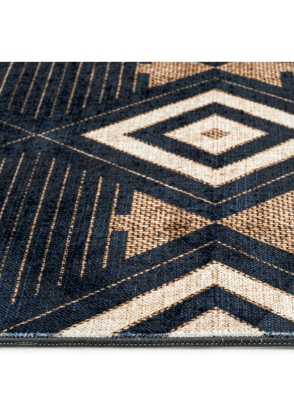 Prashanth Lacivert Geometrik Etnik Modern Desenli Kadife Makinada Yıkanabilir Hav Toz Vermez Leke Tutmayan Kaymaz Taban Dijital Makine Baskı Salon Yolluk Mutfak Halı modelleri
