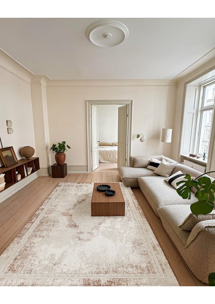 Bej Klasik Etnik Modern Desenli Pamuk Makinada Yıkanabilir Hav Toz Vermez Leke Tutmayan Kaymaz Taban Dijital Makine Baskı Salon Yolluk Mutfak Halı modelleri