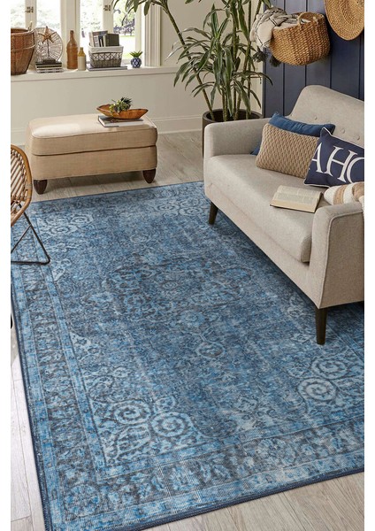 Elafonissi Eskitme Mavi Polyester Dikdörtgen Modern Desenli Pamuk Makinada Yıkanabilir Hav Toz Vermez Leke Tutmayan Kaymaz Taban Dijital Makine Baskı Salon Yolluk Mutfak Halı