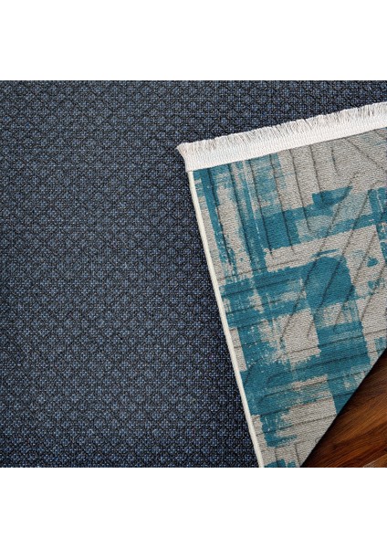 Geometrik Mavi Pamuk Dikdörtgen Modern Desenli Pamuk Makinada Yıkanabilir Hav Toz Vermez Leke Tutmayan Kaymaz Taban Dijital Makine Baskı Salon Yolluk Mutfak Halı fırsatları