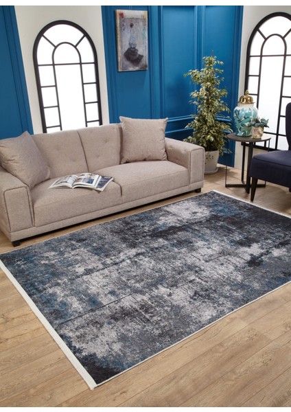 Semnan Mavi Modern Etnik Desenli Makinada Yıkanabilir Hav Toz Vermez Leke Tutmayan Kaymaz Taban Dijital Makine Baskı Salon Yolluk Mutfak Halı modelleri