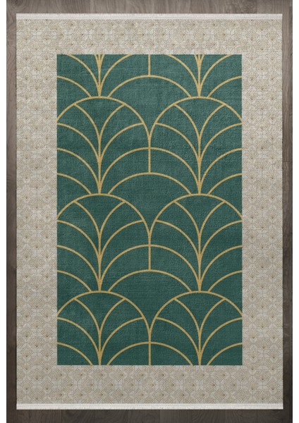 Çerçeveli Yeşil Pamuk Dikdörtgen Modern Desenli Pamuk Makinada Yıkanabilir Hav Toz Vermez Leke Tutmayan Kaymaz Taban Dijital Makine Baskı Salon Yolluk Mutfak Halı