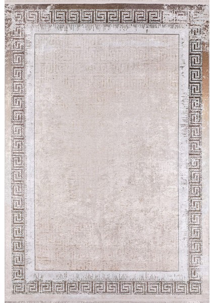 Petropavlovsk Bej Çerçeveli Etnik Modern Desenli Makinada Yıkanabilir Hav Toz Vermez Leke Tutmayan Kaymaz Taban Dijital Makine Baskı Salon Yolluk Mutfak Halı