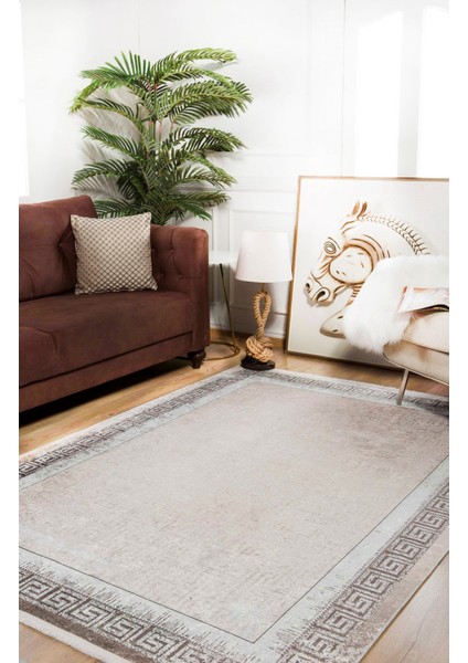 Petropavlovsk Bej Çerçeveli Etnik Modern Desenli Makinada Yıkanabilir Hav Toz Vermez Leke Tutmayan Kaymaz Taban Dijital Makine Baskı Salon Yolluk Mutfak Halı modelleri