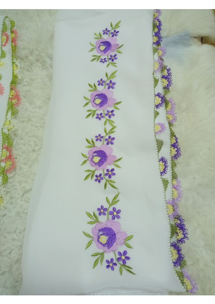 El Emeği Nakış Işlemeli Iğne Oyalı Namaz Örtüsü Çeyizlik Mevlit Başörtüsü Krep Kumaş 145X75 cm