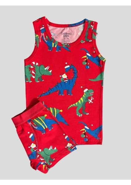 Erkek Çocuk Pamuklu Yeni Yıl Temalı Dinozor Desenli Kutulu Atlet Boxer Takımı