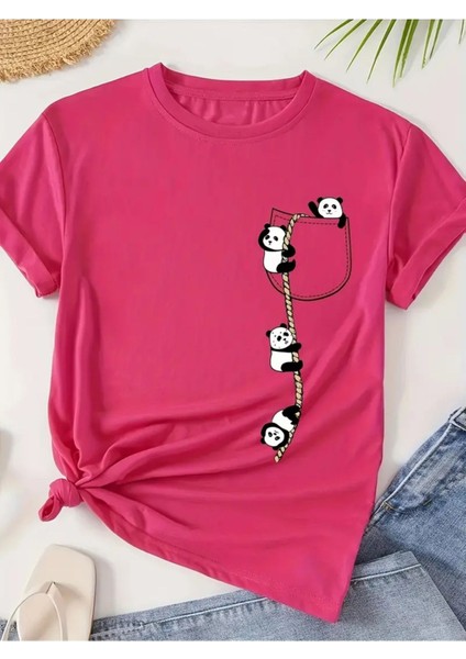 Tırmanan Pandalar Baskılı Kadın Pamuk T-Shirt