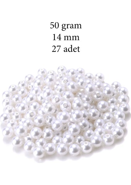 50 Gram 14MM Beyaz Renk Plastik Inci Boncuk Çanta ve Takı Yapım Boncuğu (~27 Adet)