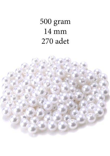 500 Gram 14MM Beyaz Renk Plastik İnci Boncuk Çanta ve Takı Yapım Boncuğu (~270 Adet)