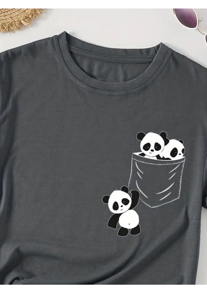 Panda Cep Tasarım Baskılı Kadın T-Shirt