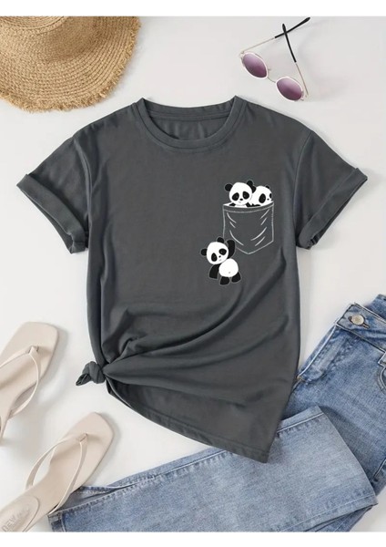 Panda Cep Tasarım Baskılı Kadın T-Shirt fiyatları