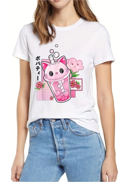 Bubble Tea Şirin Kedi Tasarım Baskılı Kadın T-Shirt