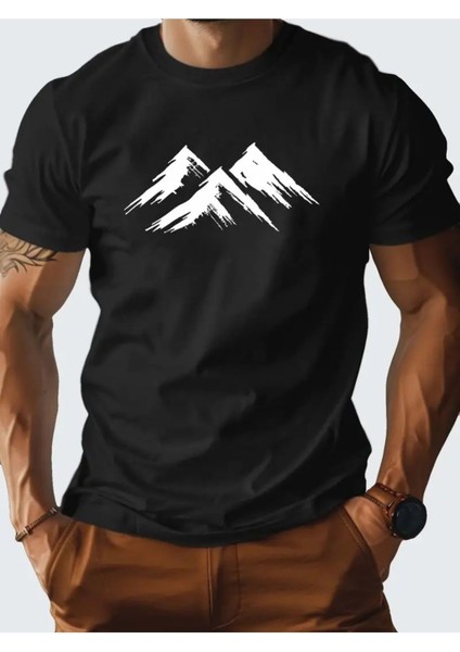 Dağ Özel Tasarım Baskılı Siyah Erkek Tişört