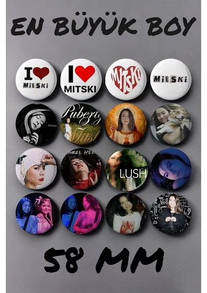 16 Adet Mitski Y2K Stil Logo Rozet 58 mm Büyük Boy
