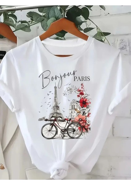 Bonjour Paris Detay Tasarım Baskılı Kadın T-Shirt