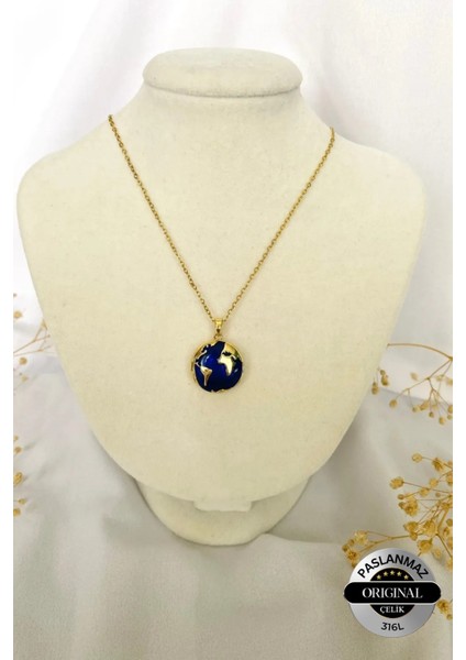 Dünya Desenli Açılabilir Kapaklı Fotoğraf Koyulabilen Çelik Kolye Çift Kolyesi