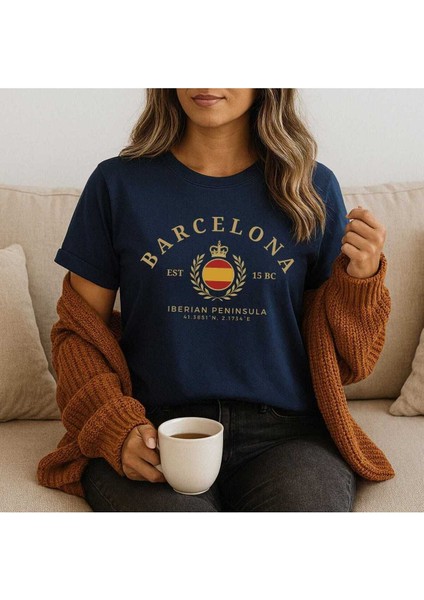 Şehirlere Özel Tasarım Baskılı Unisex Pamuk Lacivert T- Shirt