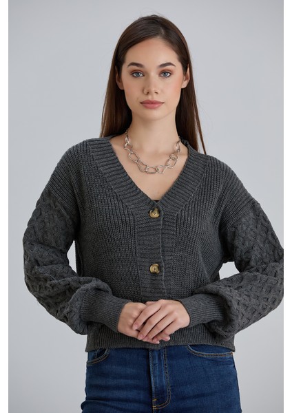 Kadın Balon Kol Örgü Desenli Crop Triko Hırka