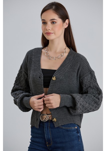 Kadın Balon Kol Örgü Desenli Crop Triko Hırka fiyatları