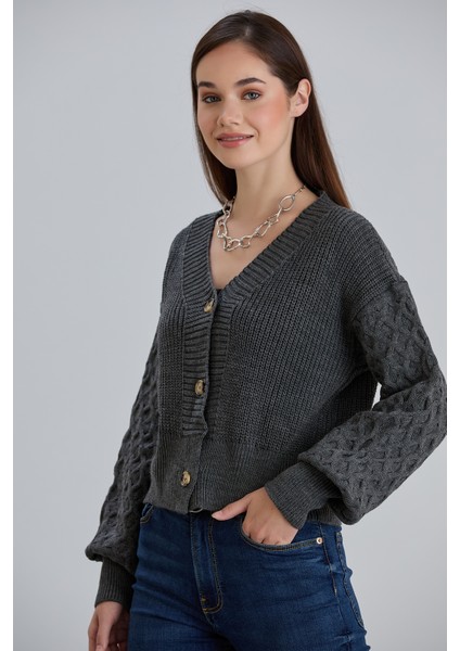 Kadın Balon Kol Örgü Desenli Crop Triko Hırka fırsatları