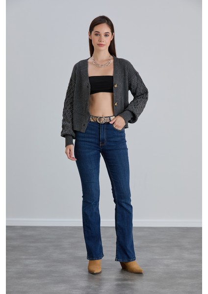 Kadın Balon Kol Örgü Desenli Crop Triko Hırka indirimleri