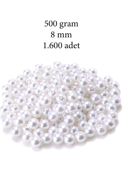 500 Gram 8mm Beyaz Renk Plastik Inci Boncuk Çanta ve Takı Yapım Boncuğu (~1.600 Adet)