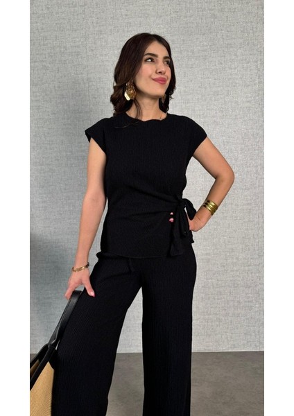Kadın Kısa Kollu Bisiklet Yaka Yandan Bağlamalı Bürümcük Bluz ve Pantolon Ikili Takım fiyatları