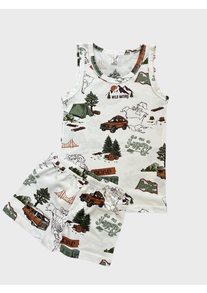 Erkek Çocuk Pamuklu Otobüs Kamyon Ağaç Desenli Beyaz Atlet Boxer Takımı