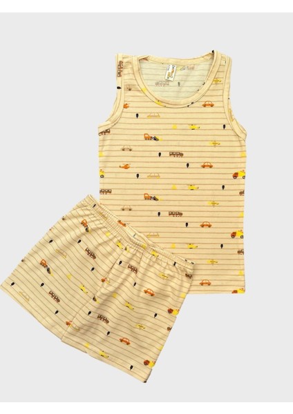 Erkek Çocuk Pamuklu Araba Desenli Çizgili Krem Rengi Atlet Boxer Takımı