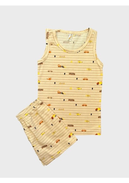 Erkek Çocuk Pamuklu Araba Desenli Çizgili Krem Rengi Atlet Boxer Takımı fiyatları