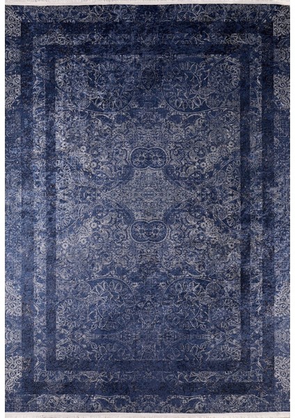 Lyubertsi Lacivert Çerçeveli Etnik Modern Desenli Makinada Yıkanabilir Hav Toz Vermez Leke Tutmayan Kaymaz Taban Dijital Makine Baskı Salon Yolluk Mutfak Halı