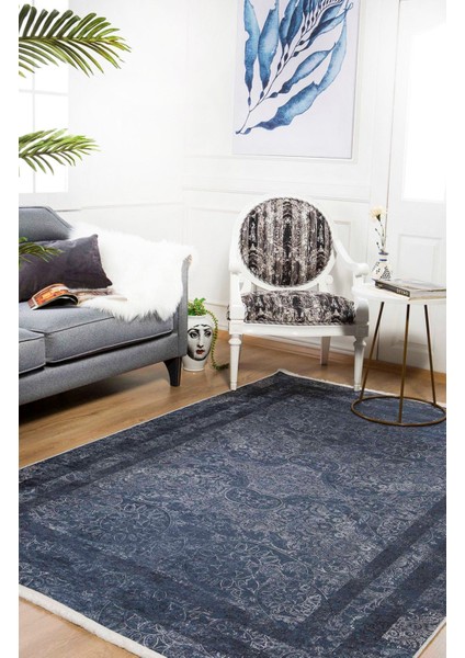 Lyubertsi Lacivert Çerçeveli Etnik Modern Desenli Makinada Yıkanabilir Hav Toz Vermez Leke Tutmayan Kaymaz Taban Dijital Makine Baskı Salon Yolluk Mutfak Halı fırsatları