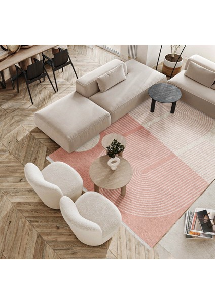 Geometrik Pembe Pamuk Daire Modern Desenli Pamuk Makinada Yıkanabilir Hav Toz Vermez Leke Tutmayan Kaymaz Taban Dijital Makine Baskı Salon Yolluk Mutfak Halı modelleri
