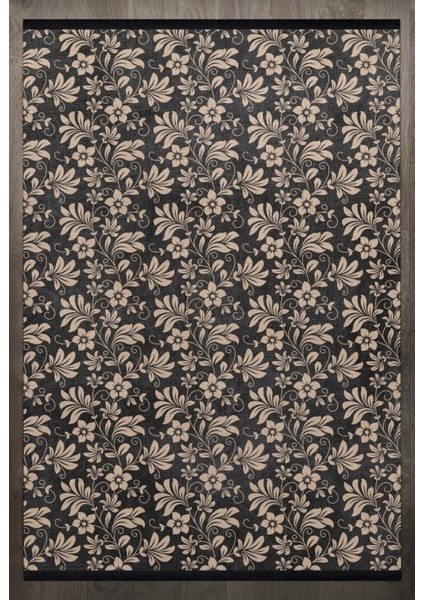 Çiçekli Siyah Pamuk Dikdörtgen Modern Desenli Pamuk Makinada Yıkanabilir Hav Toz Vermez Leke Tutmayan Kaymaz Taban Dijital Makine Baskı Salon Yolluk Mutfak Halı