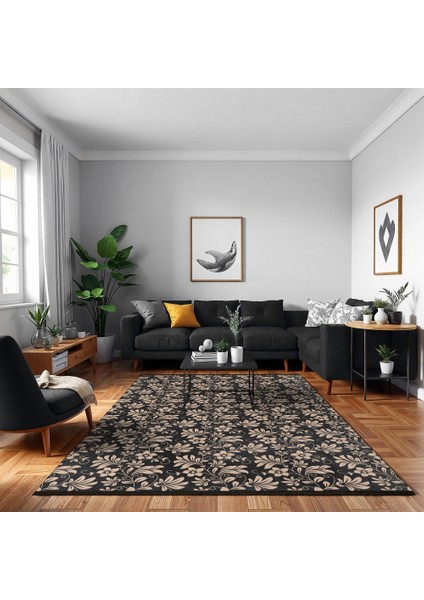 Çiçekli Siyah Pamuk Dikdörtgen Modern Desenli Pamuk Makinada Yıkanabilir Hav Toz Vermez Leke Tutmayan Kaymaz Taban Dijital Makine Baskı Salon Yolluk Mutfak Halı modelleri