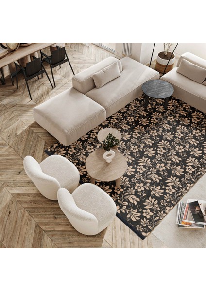 Çiçekli Siyah Pamuk Dikdörtgen Modern Desenli Pamuk Makinada Yıkanabilir Hav Toz Vermez Leke Tutmayan Kaymaz Taban Dijital Makine Baskı Salon Yolluk Mutfak Halı fırsatları