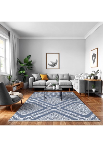 Geometrik Mavi Pamuk Dikdörtgen Modern Desenli Pamuk Makinada Yıkanabilir Hav Toz Vermez Leke Tutmayan Kaymaz Taban Dijital Makine Baskı Salon Yolluk Mutfak Halı fırsatları