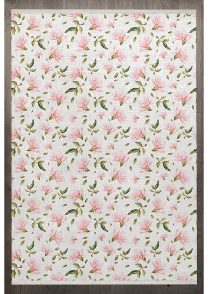 Çiçekli Pembe Pamuk Kare Modern Desenli Pamuk Makinada Yıkanabilir Hav Toz Vermez Leke Tutmayan Kaymaz Taban Dijital Makine Baskı Salon Yolluk Mutfak Halı