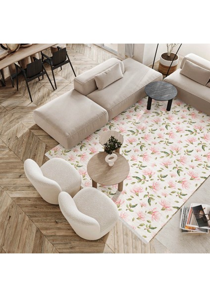 Çiçekli Pembe Pamuk Kare Modern Desenli Pamuk Makinada Yıkanabilir Hav Toz Vermez Leke Tutmayan Kaymaz Taban Dijital Makine Baskı Salon Yolluk Mutfak Halı fiyatları